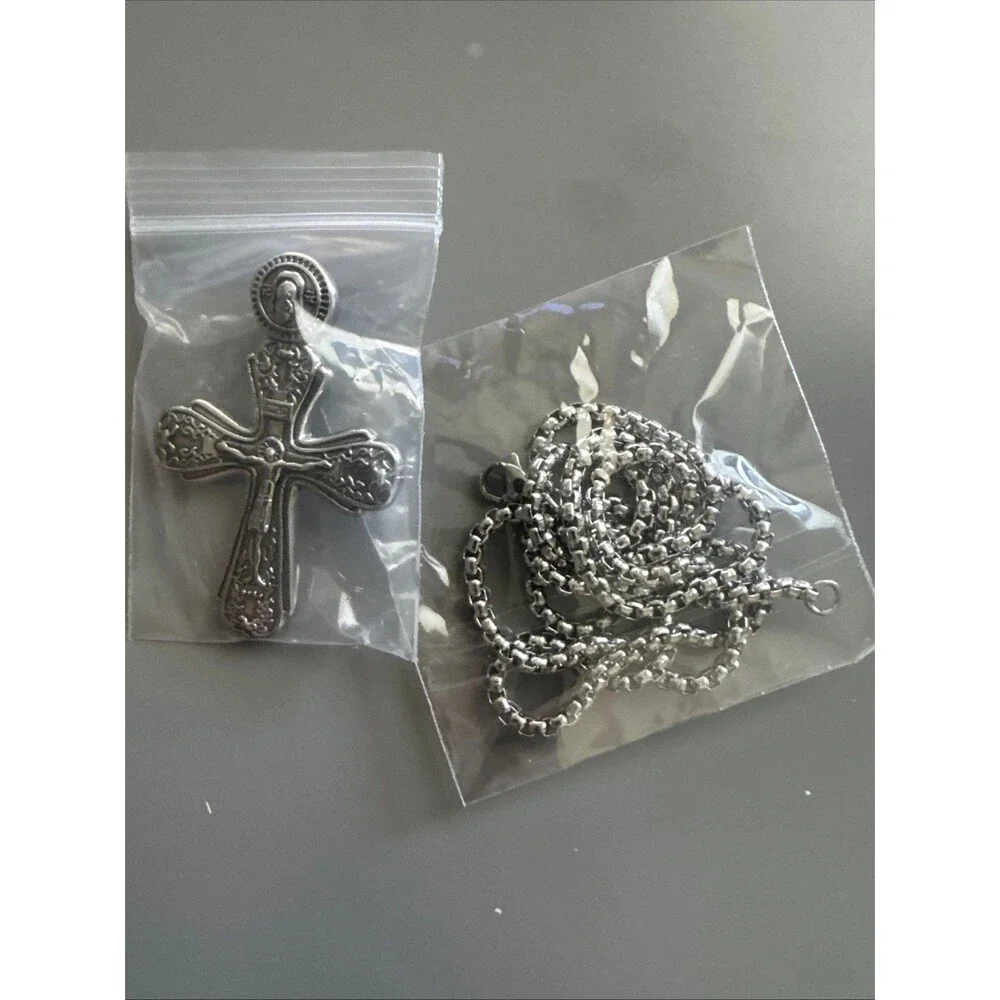 Cross Pendant Dark Silver Tone Stainless Steel 24” Box Chain Jesus Christ Unisex